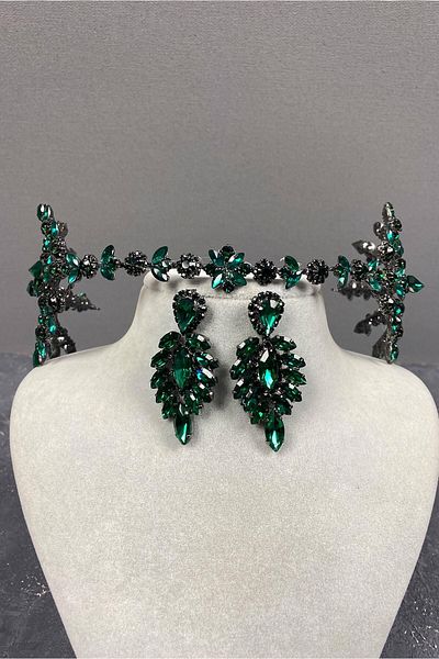 Hobigram Green Helenist Double Sided Bridal Henna Tiara and Earring Set for the Most Beautiful Brides – Crown, Crystal Stone –