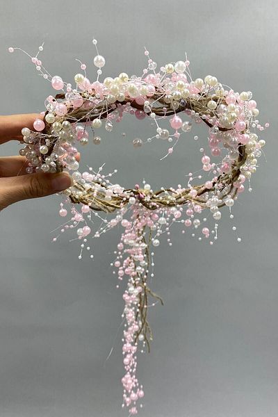 Hobigram Cream Crystal Pearl and Straw Bridal Crown with Crystal for the Most Beautiful Brides – Crown, Crystal Stone, Stylish Model – Ta