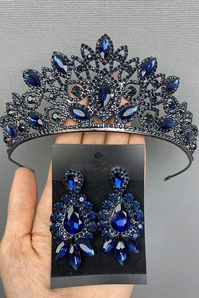 Hobigram Tiară și cercei de mireasă Henna albastru pentru cele mai frumoase mirese – Coroană, piatră de cristal, model elegant, coroană de mireasă –