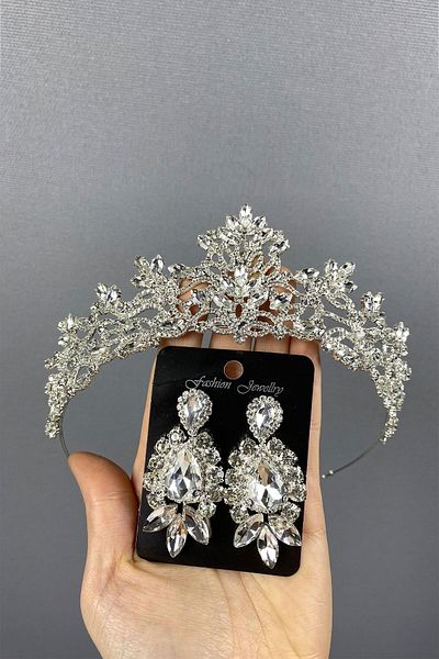 Hobigram Melis Silver Bridal Henna Crown și Cercei Set cu Pietre pentru Cele mai Frumoase Mirese – Coroană, Crystal Stone – Coroană