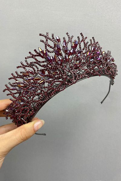 Hobigram Zehra Model Burgundy Tiara de mireasa pentru cele mai frumoase mirese – Coroana, Pietre de cristal, Model elegant, Tiara de mireasa – Coroana –