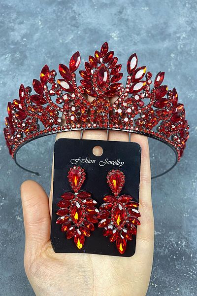 Hobigram Set Coroană și Cercei de Mireasă Henna cu Piatra Danver Roșie pentru Cele mai Frumoase Mirese – Coroană, Piatra de Cristal – Coroană –