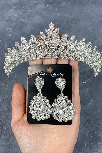 Hobigram Cei mai frumoși cercei de mireasă cu pietre prețioase și coroană de mireasă din argint Sara pentru cei mai frumoși mireși – coroană, piatră de cristal – coroană