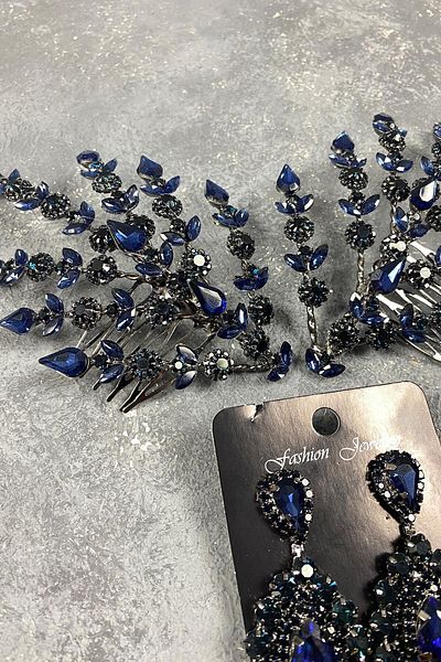 Hobigram To the Most Beautiful Brides Navy Blue Double Sided Helenist Bridal Hair Accessory and Stone Earrings – Crown – Crown