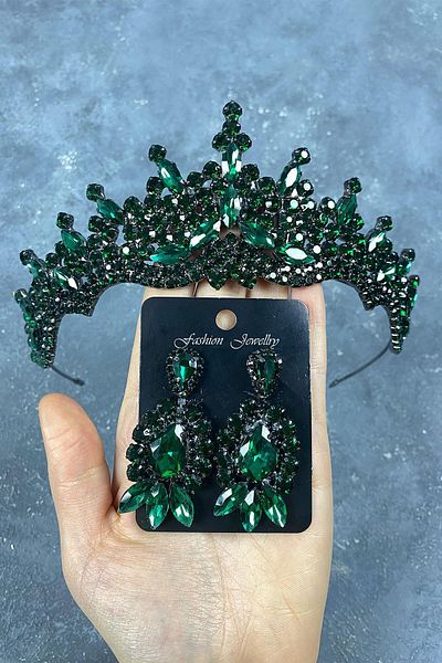 Hobigram Coroană de mireasă Henna și cercei cu sticlă verde Tokyo pentru cele mai frumoase mirese – Coroană, piatră de cristal, modă elegantă