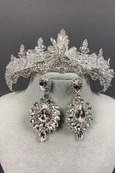 Hobigram Set de coroană de mireasă și cercei cu cristale Lena din argint sterling pentru cele mai frumoase mirese – Coroană, cu pietre de cristal – Coroană –