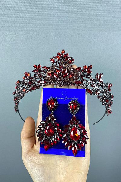 Hobigram Coroană de mireasă Melis Burgundy și cercei cu piatră pentru cele mai frumoase mirese – Coroană, piatră de cristal, model elegant