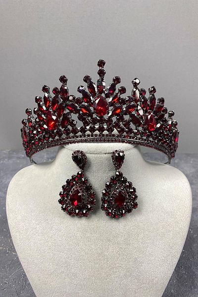 Hobigram Set de coroană de mireasă și cercei de seară cu piatră Rio Burgundy pentru cele mai frumoase mirese – Coroană, piatră de cristal – Coroană –