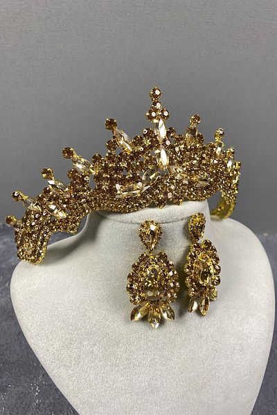 Hobigram Mica culoare miere pentru cele mai frumoase mirese Tokyo Stone Bridal Henna Crown și cercei cu navetă – Coroană, Crystal Stone – Coroană