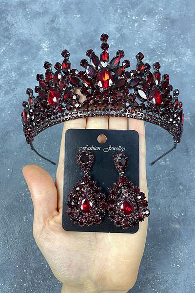 Hobigram Set de coroană de mireasă și cercei de seară cu piatră Rio Burgundy pentru cele mai frumoase mirese – Coroană, piatră de cristal – Coroană –