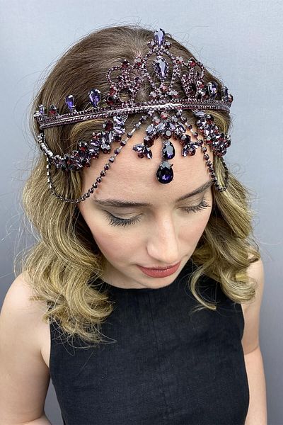 Hobigram Purple Hurrem Bridal Henna Crown pentru cele mai frumoase mirese – Coroană, cu pietre de cristal, model elegant, coroană de mireasă – Coroană – T