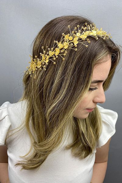 Hobigram Accesoriu de păr cu ramură de primăvară emailată galbenă pentru cele mai frumoase mirese – coroană, piatră de cristal, model elegant – T
