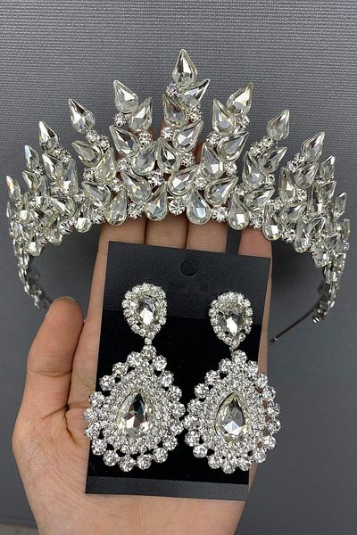 Hobigram Coroană și cercei de mireasă Subra de culoare argintie pentru cele mai frumoase mirese – Coroană, piatră de cristal, model elegant – Coroană