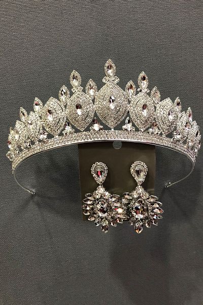 Hobigram Set de coroană și cercei de mireasă Dilruba de culoare argintie pentru cele mai frumoase mirese – Coroană, cu piatră de cristal – Coroană –