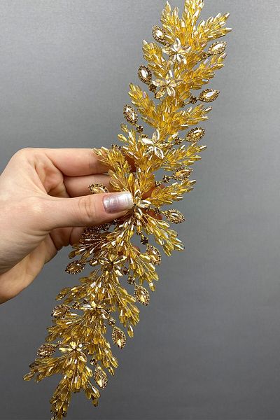 Hobigram Yellow Arden Beaded Bridal Tiara Hairband Accessory for Most Beautiful Brides – Crown, Crystal Stone, Stylish Fashion