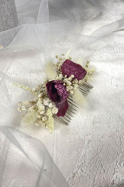 Hobigram Agrafă de păr festonată cu iarbă de bumbac burgundă Cipso și flori artificiale pentru cele mai frumoase mirese – coroană, piatră de cristal –