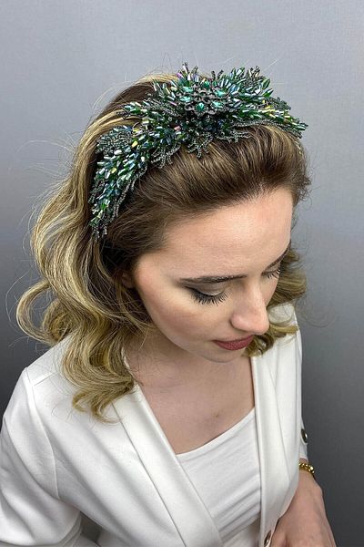 Hobigram Coroana de mireasa Henna model Alya verde pentru cele mai frumoase mirese – Coroana, cu piatra de cristal, model elegant, coroana de mireasa – T