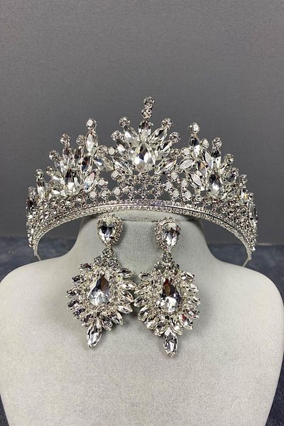 Hobigram Set Coroana de Mireasa Pera Argintie si Cercei Shuttle pentru Cele mai Frumoase Mirese – Coroana, Piatra de Cristal, Model Elegant – Coroana