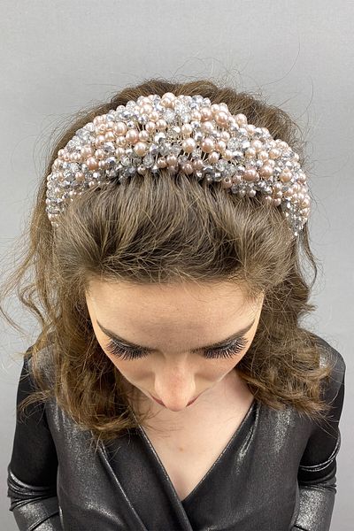 Hobigram Accesoriu de păr de mireasă cu cristal și perle Leal Bombeli de culoare gri pentru cele mai frumoase mirese – coroană, piatră de cristal