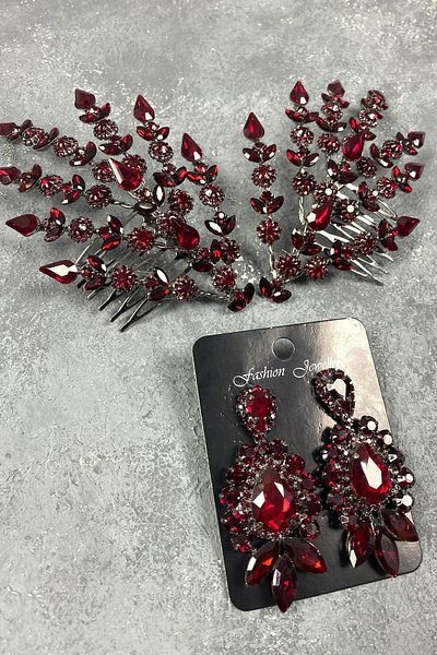 Hobigram Accesoriu de păr Helenist pentru mireasă cu două fețe bordeaux și cercei de seară cu pietre pentru cele mai frumoase mirese – Coroană – Tiara