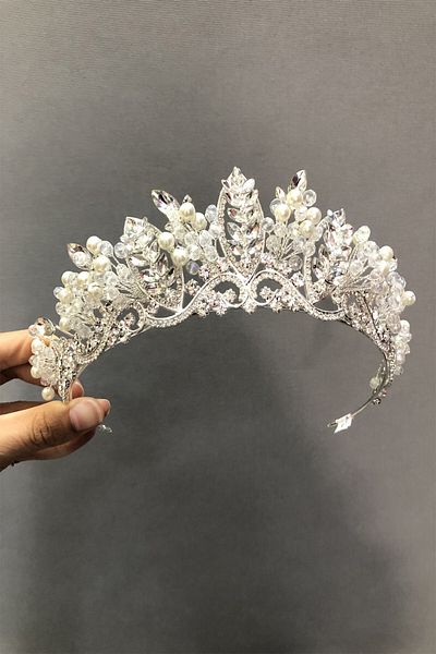 Hobigram Coroana de mireasa Jabbah Model Argintiu cu Perle pentru Cele mai Frumoase Mirese – Coroana, Piatra de Cristal, Model Elegant – Coroana