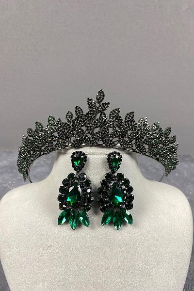 Hobigram Green Sara Sık Stone Bridal Henna Crown și cercei pentru cele mai frumoase mirese – Coroană, Crystal Stone, Model elegant –