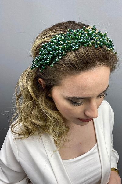 Hobigram Coroana de mireasa Henna model Lisa verde pentru cele mai frumoase mirese – Coroana, cu pietre de cristal, model elegant, coroana de mireasa – T
