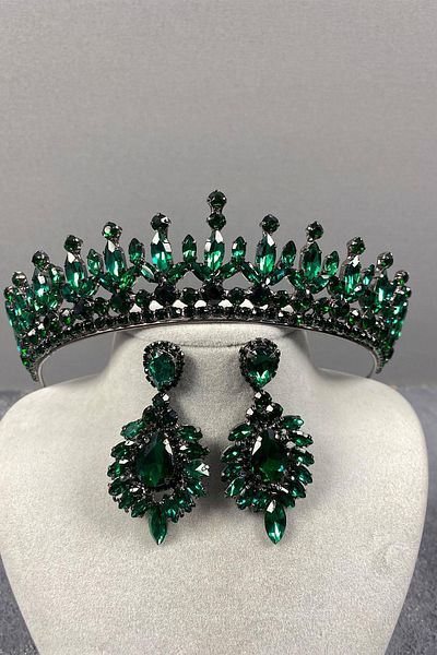 Hobigram Green Pedro Stone Bridal Henna Tiara and Evening Dress Earring Set for the Most Beautiful Brides – Crown, Crystal Stone – Crown