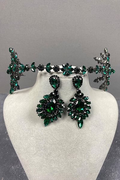 Hobigram Set de coroană și cercei cu piatră de henna pentru mireasa Helenist verde pentru cele mai frumoase mirese – coroană, piatră de cristal – T