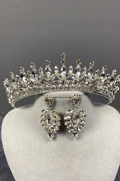 Hobigram Set de coroană și cercei cu henna de mireasă cu pedele Pedro din argint sterling pentru cele mai frumoase mirese – coroană, cu pedale de cristal – coroană