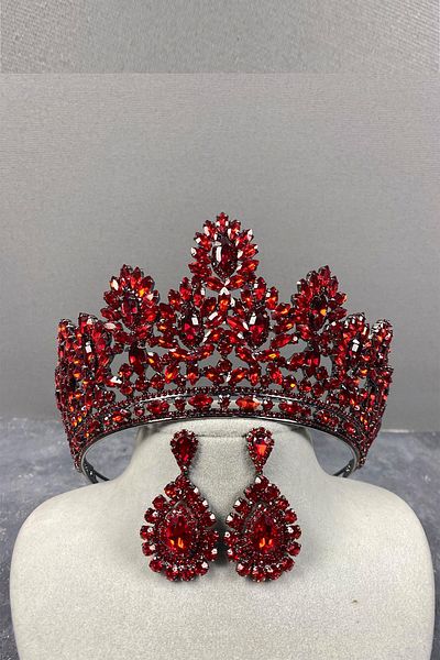 Hobigram Red Godiva High Bridal Henna Crown și cercei cu piatră pentru cele mai frumoase mirese – Coroană, cu piatră de cristal –