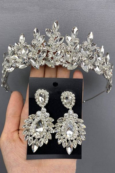 Hobigram Silver Color Subra Bridal Tiara and Earrings for the Most Beautiful Brides – Crown, Crystal Stone, Stylish Model – Crown – t