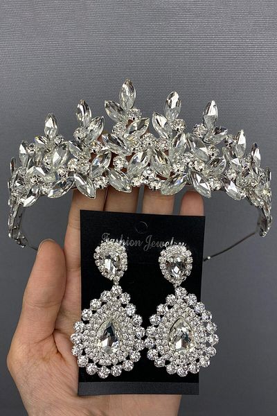 Hobigram Coroană și cercei de mireasă Subra din argint sterling pentru cele mai frumoase mirese – Coroană, piatră de cristal, model elegant, coroană de mireasă – T