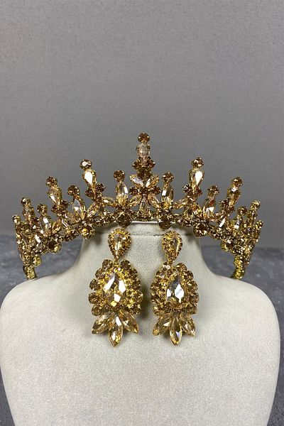 Hobigram Honey Color Bridal Henna Crown and Shuttle Earrings for the Most Beautiful Brides – Crown, Crystal Stone, Stylish Model – Crown –