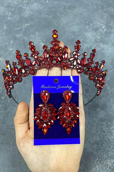 Hobigram Set de coroană și cercei cu henna pentru mireasă roșie pentru cele mai frumoase mirese