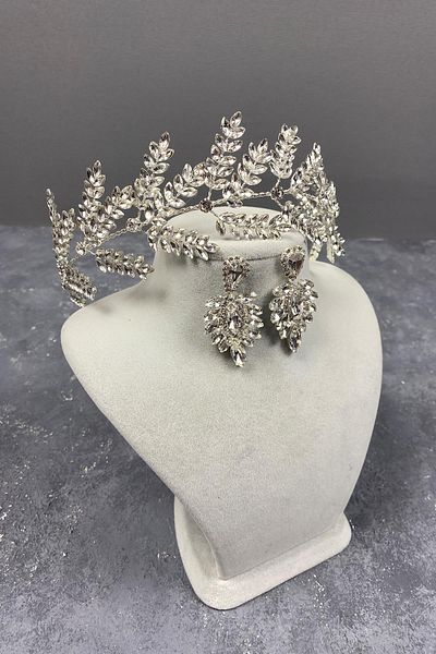 Hobigram Accesoriu de păr de mireasă cu ramuri de frunze de dilana argintie și cercei cu navetă pentru cele mai frumoase mirese – coroană – tiara