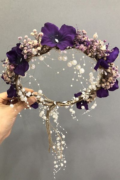 Hobigram Coroană cu flori uscate cu chipsuri mov și hortensie pentru cele mai frumoase mirese – Coroană, piatră de cristal, model elegant – Coroană