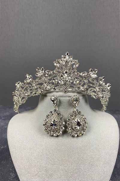 Hobigram Ασημένια Melis Bridal Henna Crown και Drop Stone σκουλαρίκια για τις πιο όμορφες νύφες – Κορώνα, Κρυστάλλινη Πέτρα, Κομψό Μοντέλο
