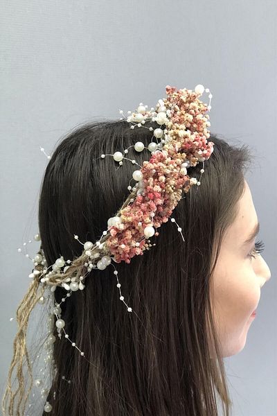 Hobigram Coroană cu flori uscate cu perle pudrate pentru cele mai frumoase mirese – Coroană, piatră de cristal, model elegant, coroană de mireasă – coroană