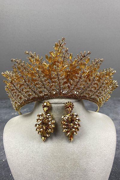 Hobigram Honey Color Nairobi Bead Embroidered Bridal Henna Tiara and Stone Earring Set for the Most Beautiful Brides – Crown – Crown