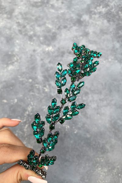 Hobigram Accesoriu de păr pentru mireasă cu coroană de henna cu frunze de beril verde pentru cele mai frumoase mirese – coroană, cu pietre de cristal –