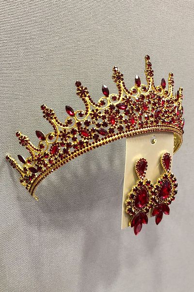 Hobigram Set de henna, coroană de mireasă și cercei cu piatră de sticlă de cristal de culoare rubin pentru cele mai frumoase mirese – coroană – coroană