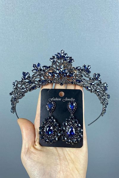 Hobigram Melis Navy Blue pentru cele mai frumoase mirese Coroana de mireasa Henna si cercei cu piatra picata – Coroana, piatra de cristal – Coroana –