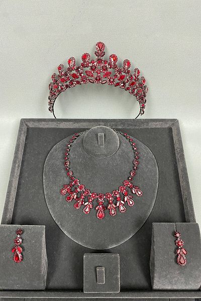 Hobigram Set de cercei Beety Bridal Tiara și Colier cu Pietre pentru Cele mai Frumoase Mirese Bordeaux – Coroană, Piatră de Cristal, Model Elegant