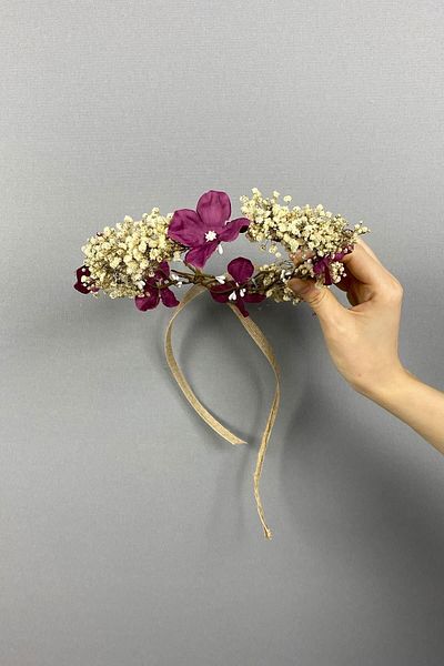 Hobigram Accesoriu de păr de mireasă pentru fotografiere în aer liber cu flori uscate de hortensie violet închis pentru cele mai frumoase mirese – coroană – tiara