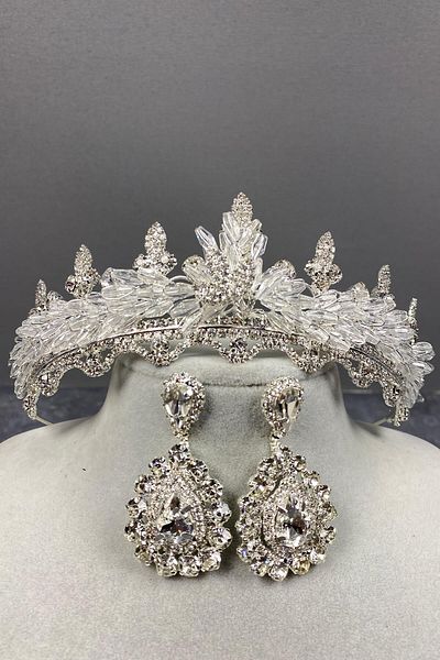 Hobigram Set de coroană de mireasă și cercei cu pietre prețioase Lena din argint sterling pentru cele mai frumoase mirese – coroană, piatră de cristal, modă elegantă
