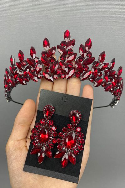 Hobigram Coroană și cercei de mireasă model Subra Burgundy pentru cele mai frumoase mirese – Coroană, piatră de cristal, model elegant – Coroană