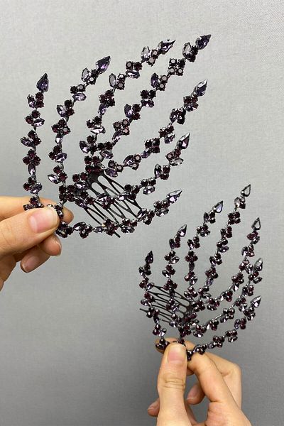 Hobigram Accesoriu de păr cu model de frunze violet pe două fețe Coroana Henna pentru cele mai frumoase mirese – Coroană, cu piatră de cristal – T