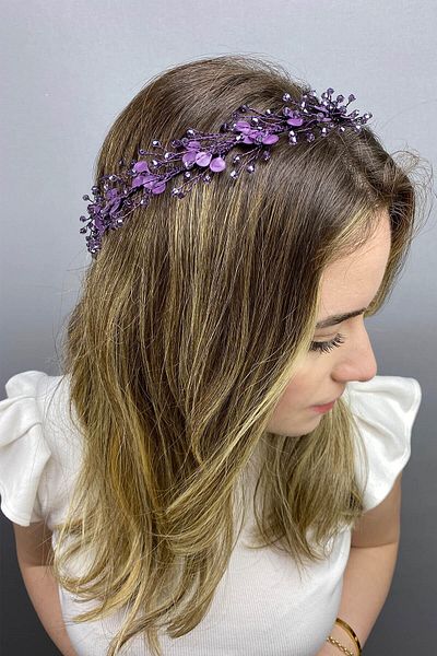 Hobigram Accesoriu de păr cu ramură de primăvară emailată violet pentru cele mai frumoase mirese – coroană, piatră de cristal, model elegant, tiara de mireasă