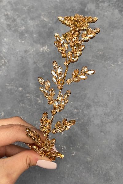 Hobigram Accesoriu de păr pentru mireasă cu coroană de henna cu frunze de beril de culoare miere – Coroană, piatră de cristal, model elegant – Coroană